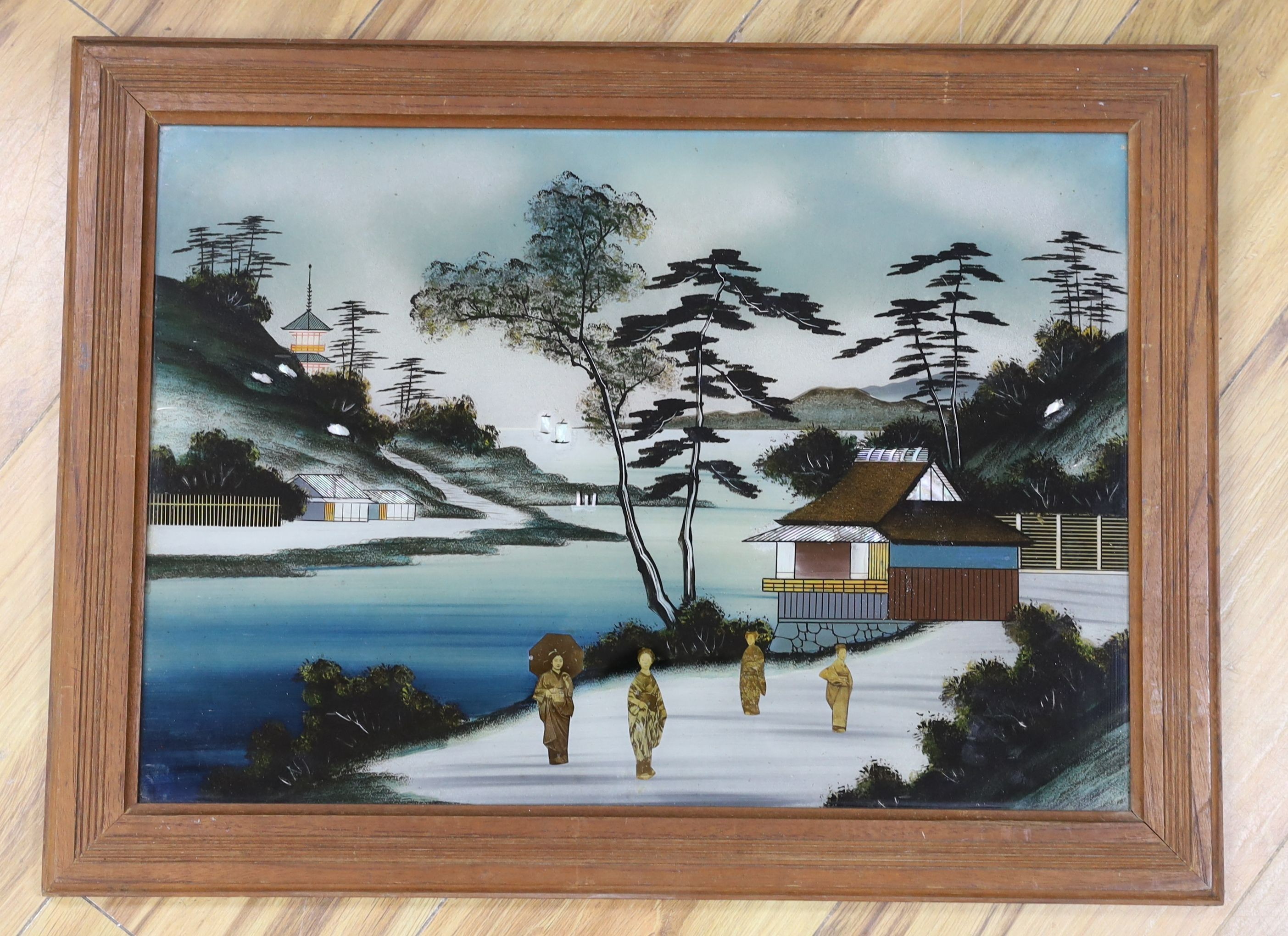 A Japanese reverse painting on glass, 49.5.wide x 34.5 high.